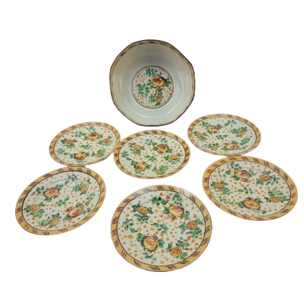 Vintage Hand Painted Salad Bowl and 6 Plates